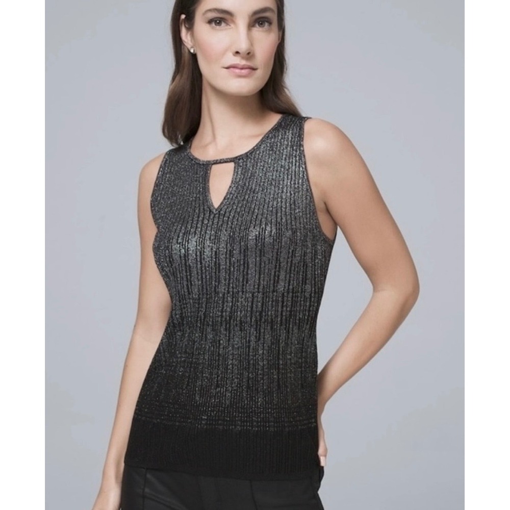White House Black Market Ombre Shimmer Keyhole Sweater Shell Silver Black Large